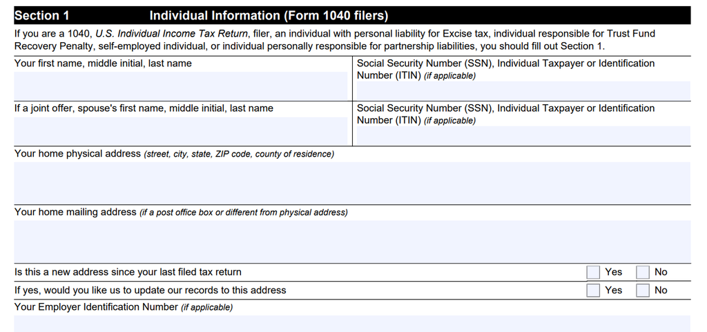 Form 656 Section 1 individual taxpayer information fields