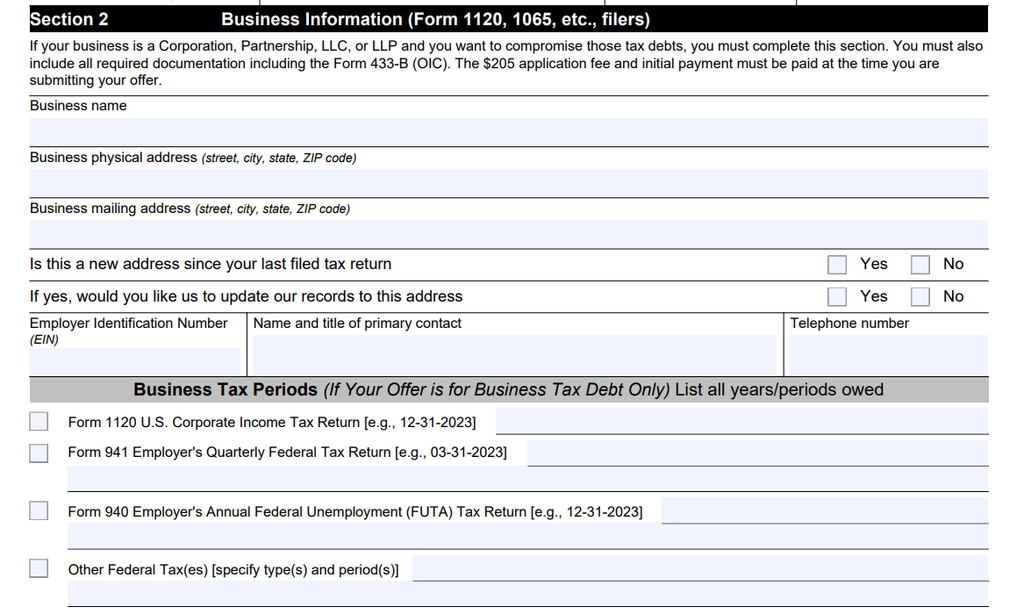 Form 656 Section 2 business information and tax periods