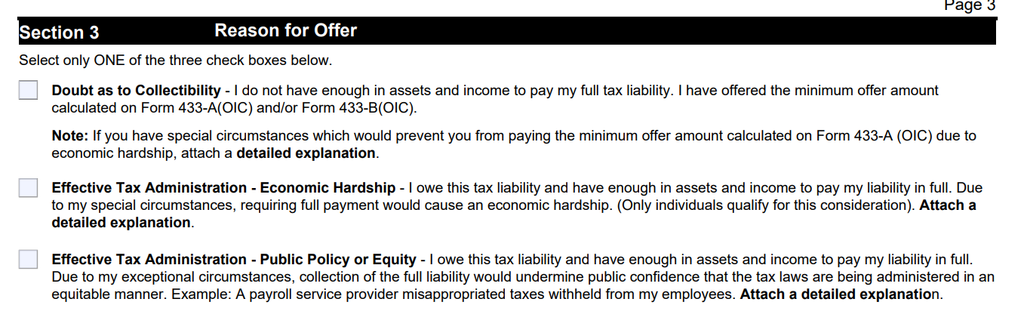 Form 656 Section 3 reason for offer and hardship explanation