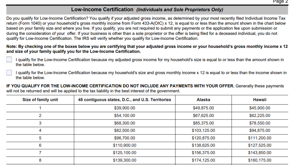 Form 656 low-income certification section for waiving the application fee