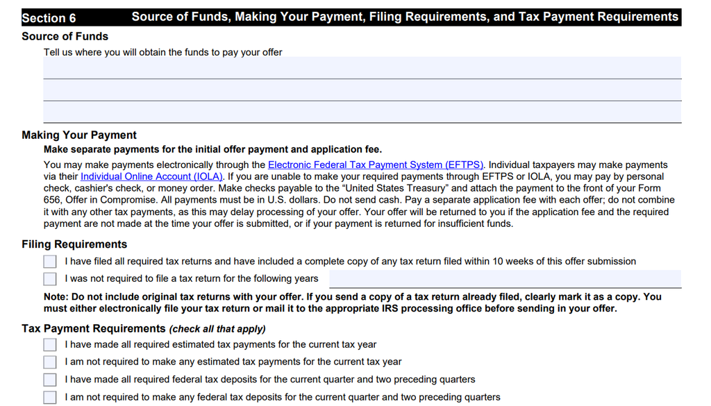 Form 656 Section 6 source of funds and tax filing requirements