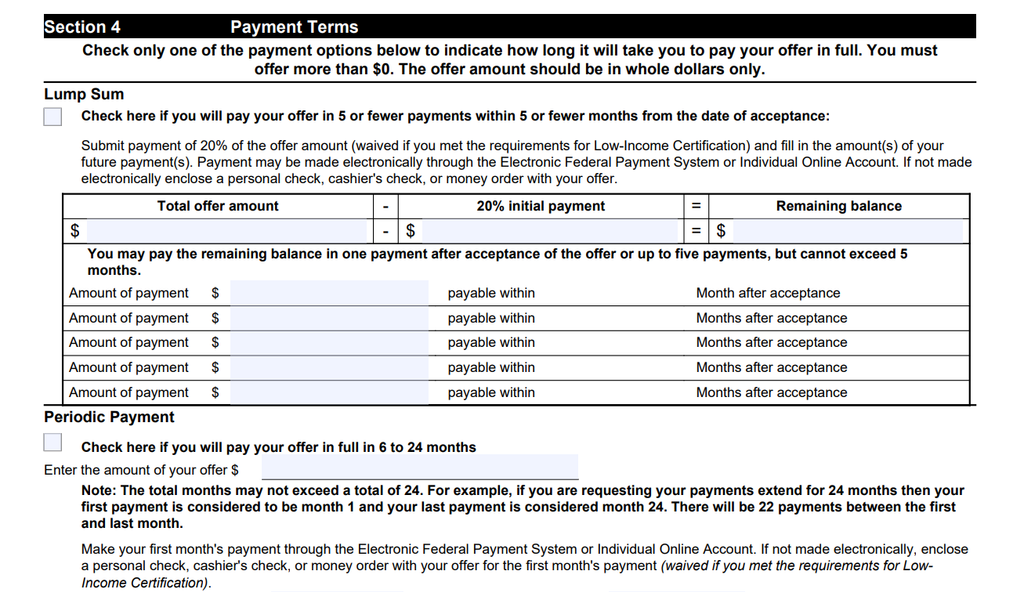 Form 656 Section 4 lump sum and periodic payment terms