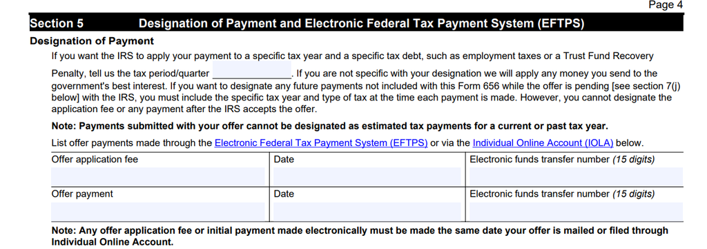 Form 656 Section 5 designation of payment and EFTPS details